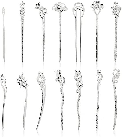 Paquete de 14 palillos de metal plateado vintage retro antiguo chino japonés plateado púas talladas largas rectas, horquillas para el pelo, horquillas para el pelo, pasadores para moño, chignon