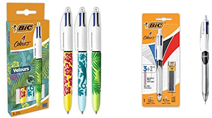 BIC 4 Couleurs Velours - Stylos-Bille Rétractables Pointe Moyenne (1,0 mm) - Motif Jungle, Fleurs et Gecko, Boîte de 3 4 Couleurs 3+1 HB (1,0mm + 0,7mm Porte-Mines), Blister de 1 + 12 Mines