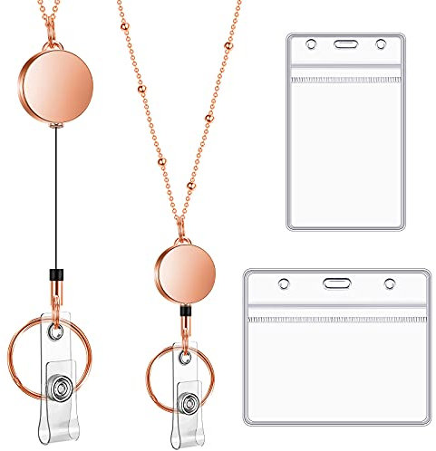 Outus Set Porte-Cartes Identité et Bobine Rétractable Porte-Clés Lanière Rétractable 2 Pcs Porte-Badge Identification Plastique Étanche Transparent et Collier Lanière Acier Inoxydable (Or Rose)