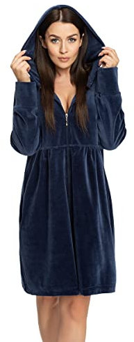 DOROTA kuscheliger und moderner Damen Bademantel, mit Reißverschluss, Kapuze & Taschen, made in EU, indigo, Gr. M