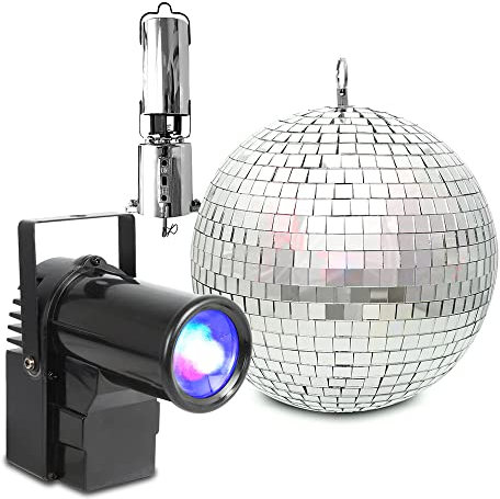 BeamZ MB20 Mirror Disco Ball Set with Battery-Powered Motor & RGBW Pinspot LED Light - 20cm Glitter Ball with DMX Control for Parties, Weddings, DJ Events & Disco Venues