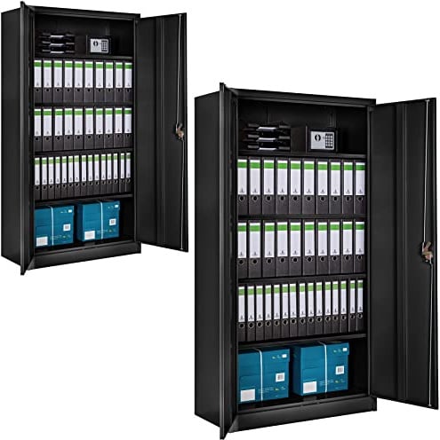 tectake® 2er Set Aktenschrank abschließbar, Stahl Büroschrank mit Fächern, höhenverstellbaren Einlageböden, 180 x 90 x 40 cm, für Office, Werkstatteinrichtung, Möbel für Arbeitszimmer - schwarz