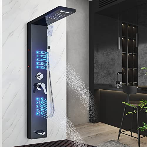 TVTIUO Columna de Hidromasaje LED Negra Columna Ducha Acero Inoxidable,Sistema de Ducha 5 funciones Set Ducha de Baño