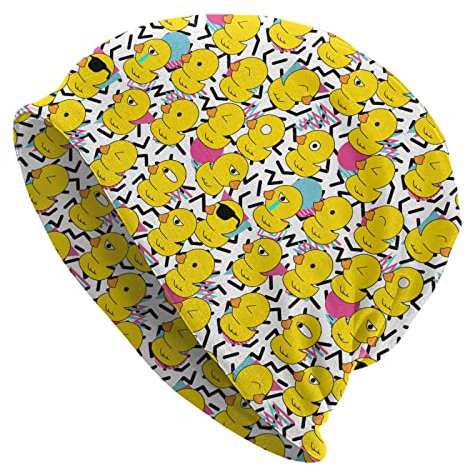 Beanie für Männer und Frauen, Vintage-Stil, dünne Strickmütze, lässige Kopfbedeckung, Mütze, Retro 80er 90er Jahre Memphis Grafik Gummiente, Einheitsgr��e