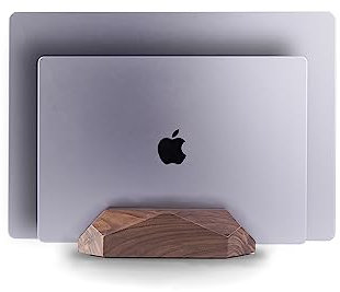 MOYUART Dual Laptop Holder Vertical Laptop Stand, 2 Slots MacBook Stand Wood,Wooden Laptop Stand,Vertical Laptop Holder for Desk, Widen Dock Fits All MacBook/Surface pro(Black Walnut)