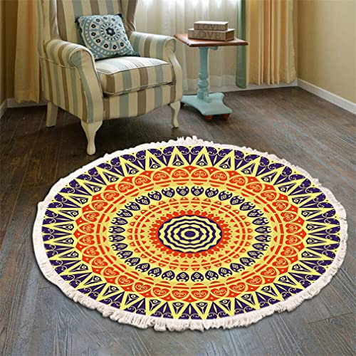 Teppich Rund Bohemian Blume Groß Teppich Mandala Muster Quasten Waschbarer Baumwolle Teppich Wohnzimmer Schlafzimmer (200cm,Orange-Schwarz)