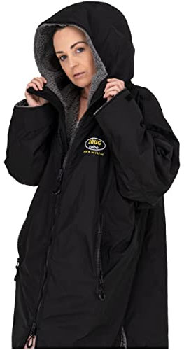 Snugrobe Women’s Waterproof Dry Changing Robe Jacket Hooded Coat for Surfing Swimming Water Sports Outdoors (MEDIUM UK 10-12) (as8, alpha, m, regular, regular, Black Outer Grey Inner)