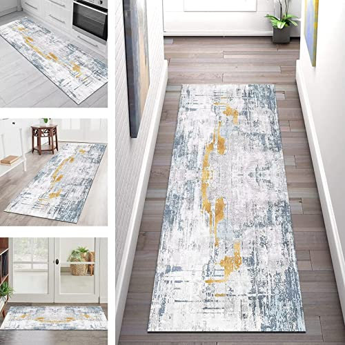 Teppich Läufer Flur Küche rutschfest Waschbar Teppichläufer Lang Matte 110X300CM Küchenläufer Küchenteppich Meterware, Grau Blau Gold Abstrakt Korridor Tepiche Schlafzimmer Esszimmer Breite 40-120cm