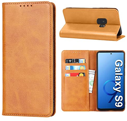 Handyhülle für Samsung Galaxy S9, Leder Wallet Schutzhülle Mit Kartenfach, Standfunktion, Stoßfest, Klapphülle, Flip Case Cover (Gelb)