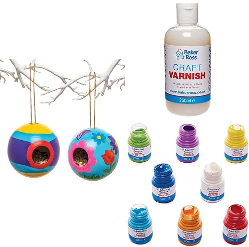 Baker Ross Ceramic Bird House (AW304) and Multi-Purpose Acrylic Varnish (FE585) and Rainbow Colours Porcelain Paint Pots (FC744)