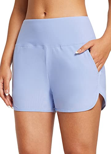baleaf Swim Shorts Womens Tummy Control High Waisted Swimming Board Shorts with Pockets Liner Quick Dry 3'' UPF 50+ Ice Blue XS