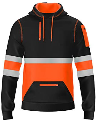 trending babz Felpa con cappuccio da uomo Hi Visibility Hi Viz in pile con 3 tasche con cerniera, nastro riflettente a contrasto nero da lavoro con cappuccio S/2XL, Arancione e nero., L
