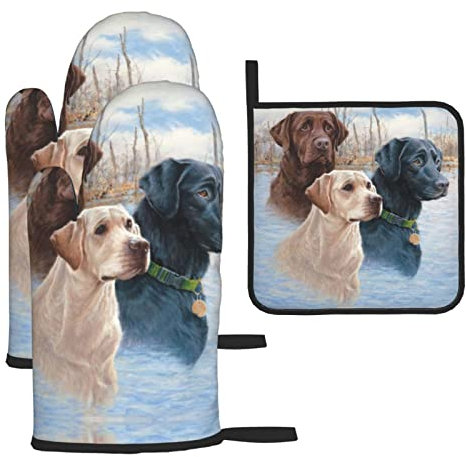 Labrador Dogs Ofenhandschuhe und Topflappen-Set, 3 Stück, Küchenhandschuhe, Paar hitzebeständig und langlebig zum Backen
