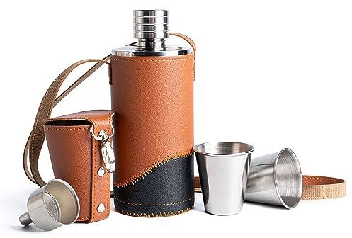 SPDYCESS Edelstahl Flachmann aus PU Leder 500ml Männer Flachmänner mit Trichter und Bechern Tragen von Alkohol zum Wandern Klettern Angeln Golf