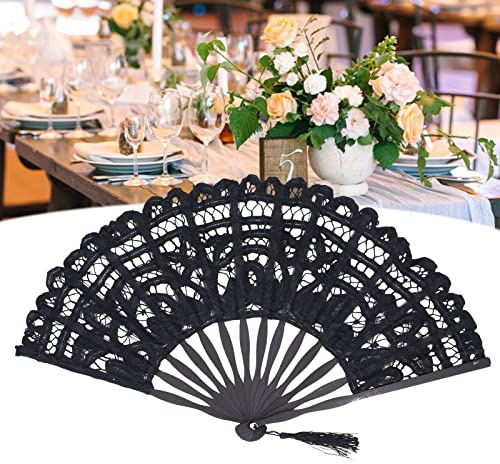 Tomotato Éventail Pliant Vintage Chinois en Dentelle avec Gland, Ventilateur Pliant Portable Léger en Bois, Accessoire de Danse et Décoration Murale pour Cadeaux de Mariage Fête (Noir)