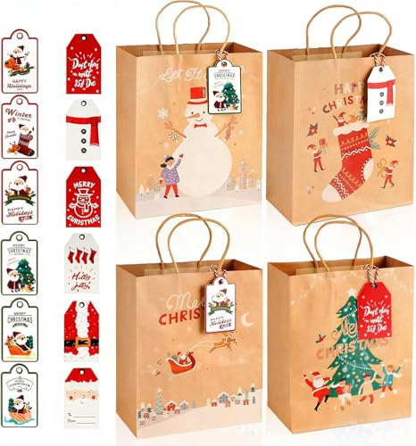 TINIFO 12 Stück Geschenktüten Weihnachten, Weihnachtstüten mit 12 Geschenkanhänger, 18 * 23 * 9.5cm Kraft Papier Geschenk Tüten mit Henkel für Weihnachten Party
