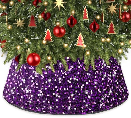 WUPIOS Christmas Tree Collar Purple Tree Collars 23.6 Inch Bling Christmas Trees Ring Collar Velvet Tree Skirt Metallic Christmass Tree Basket Vintage Trees Stand Base for Halloween Home Party Decor