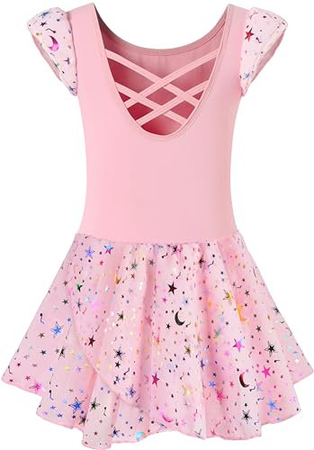 Mulnall Ballet Leotrads for Girls Dance Skirted Leotard Kids Ballet Tutu Dress Toddler Shiny Ruffle Sleeve Dancewear(40431-08Q-M)