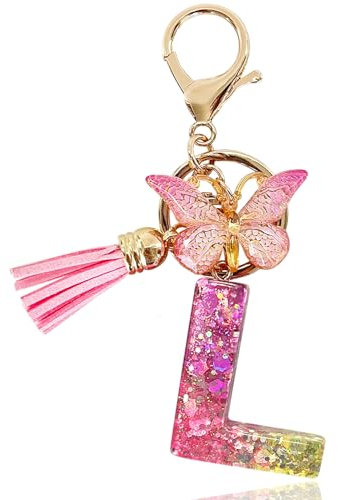 Yanmucy Porte-clés alphabet violet mignon avec pendentif papillon et pampille en résine pour sac à breloques nom porte-clés pour femme et fille, l, taille unique