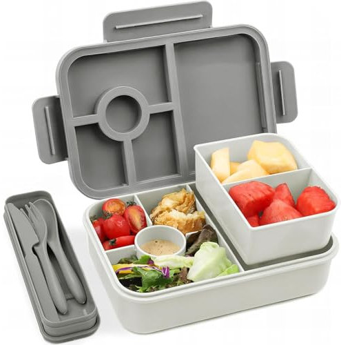 Bugucat Brotdose Kinder mit Fächern 1300ML,Lunchbox Kinder Auslaufsicher mit 5 Fächern,Bento Box Lunchbox mit Fächern für Kinder Erwachsene,Vesperdose Frühstücksbox für Mädchen & Jungen BPA-Frei Grau