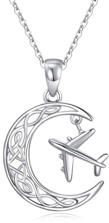 PROESS Flugzeug Plane Halskette 925 Sterling Silber keltischer Knoten Mond Anhänger Kette Plane Schmuck Geschenke für Damen Herren Stewardessen Flugbegleiter Piloten