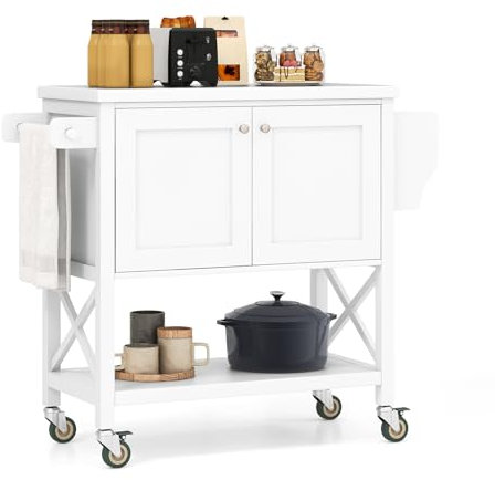 GIANTEX Carrello da Cucina Mobile con Piano di Lavoro, Armadio e Ripiani Aperti, Tavolo da Isola con Ruote Girevoli con Portasciugamani e Portaspezie per Bar, Sala da Pranzo, Bianco,38x100x87cm