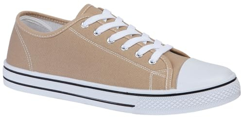 MyShoeStore Men's Canvas Lace-Up Plimsolls Flat Gym Baseball Sports Skate Trainers Lightweight Sneakers Casual Pumps with Rubber Sole in Taupe UK Size 9