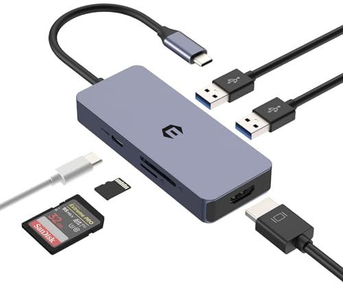 USB Adapter, USB Typ C Hub, USB 3.0 HUB, 6 in 1 USB C Adapter mit 2 x USB 3.0, 4K HDMI, 100 W PD, SD/TF Kartenleser für Laptop, Laptop, Notebook PC, Tablets, Chrome OS Systeme