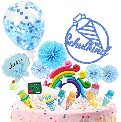 Tortendeko Einschulung Junge, Schulkind Tortendeko Schulanfang Deko, Kuchendeko Schulanfang Schulkind 2025 Tortenaufleger Einschulung Deko, Zuckertüte Regenbogen Cake Topper Einschulung Geschenk