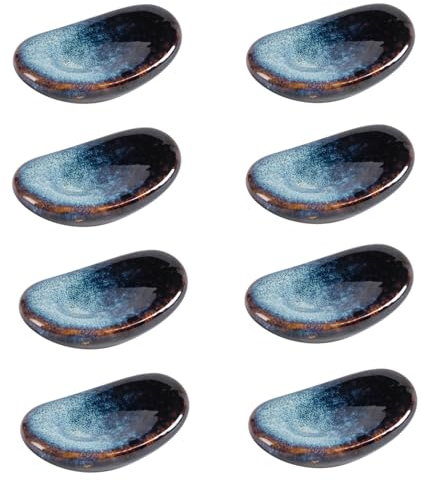 STE-CER Soporte de cerámica para palillos, soporte japonés para palillos, cuchara, cuchillo y tenedor, juego de 8 (azul estrellado)