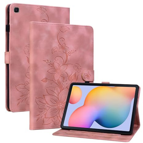Rosbtib Coque Samsung Galaxy Tab S6 Lite 10.4 2024/2022/2020 SM-P610/ P613/ P615/ P619/ P625/ P627, Multi-Angles Housse de Protection en Similicuir avec Porte-Carte Couverture Motif Lys, Rose
