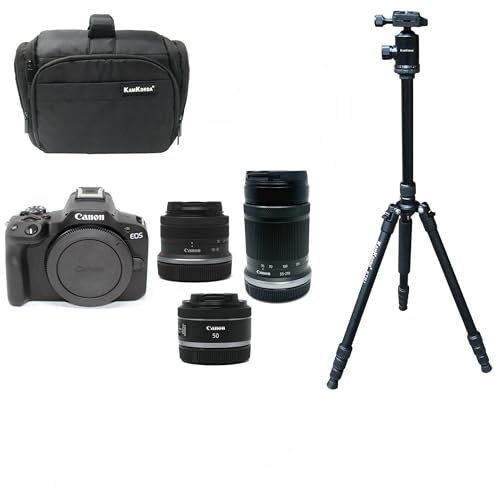 KamKorda Camera Bag + Tripod + R50 Mirrorless Camera + RF-S 18-45mm + RF-S 55-210mm + RF 50mm f/1.8 STM lenses, 24.2MP APS-C CMOS Sensor, UHD 4K Video + 2 Year Warranty