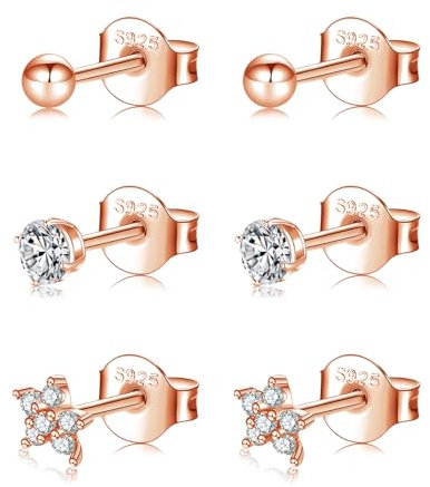 Sterling Silver Rose Gold Stud Earrings for Women Girls, 3Pairs Hypoallergenic Silver Ball Round Cubic Zirconia Stud Earrings set, Small Helix Cartilage Sleeper Flower Stud Piercing Earring 3/4/5mm