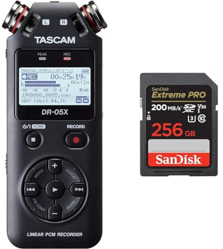 Tascam DR-05X portable audio recorder, usb2.0 & SanDisk 256GB Extreme PRO SDXC card + RescuePRO Deluxe, up to 200MB/s, UHS-I, Class 10, U3, V30