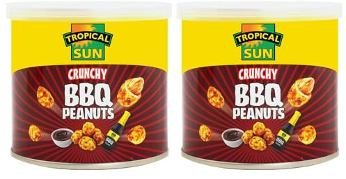 Tropical Sun Crunchy BBQ Peanuts 140g Pack of 2 Smokey Sweet Barbecue Chilli Flavour Roasted Nuts Vegan Nibble Snack with Welari Thank You Card | (2pack) (280g)