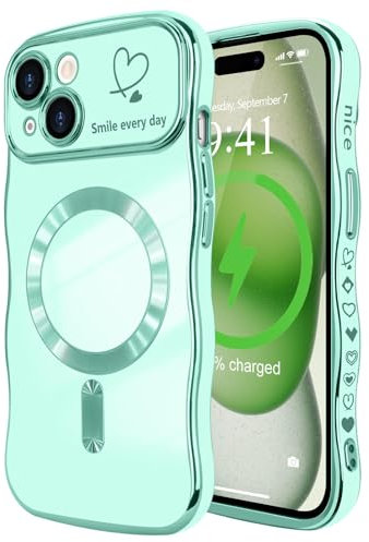 LCHULLE Magnetisch Handyhülle für iPhone 15 Hülle [Kompatibel mit Magsafe] Liebesherz Schutzhülle Kameraschutz Wellen Lockige Form Galvanisch Silikon Case für iPhone 15 Hellgrün