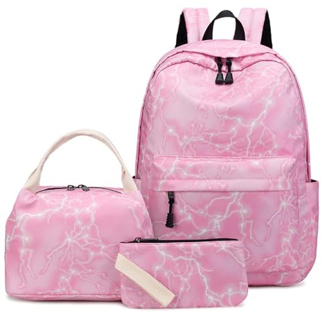 Hixingo Schulrucksack Mädchen Blitzmuster Teenager Damen Schultasche Rucksack Set, Schulranzen für Jungen Mädchen Schule Reise Freizeit mit Lunchpaket Tasche und Mäppchen (Rosa)