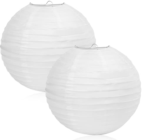 2 Pcs White Paper Ribbed Lanterns 12in for Home Party Decor | 2 white ribbed paper lanterns, 12in. Ideal for ceiling lights & parties. Lightweight, easy to hang, reusable, indoor/outdoor.