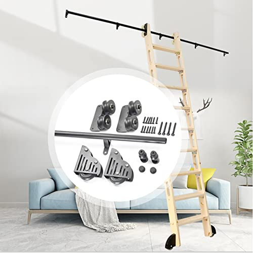 CuNtoHHH Rollleiter-Hardware-Bibliothek, Schiebeleiter-Hardware-Kit, Schwarze, runde Edelstahlrohr-Mobilleiterschiene (ohne Leiter), mit Bodenrollenrädern, für runde Schienen/Geländer zu Hause/drinne