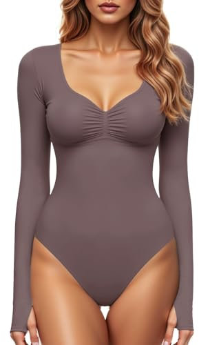 GJY Damen Bodysuit mit Quadratischem V-Ausschnitt, Sexy Oberteile Mode Langarm Going Out Tops Stretchy Körper Anzug,Rose braun