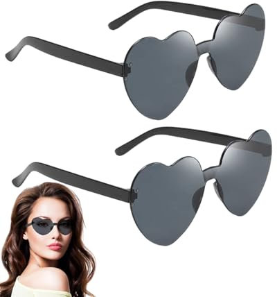 TPZORJX 2 Stück herzförmige Sonnenbrille, mehrfarbig, randlos, herzförmig, modisch, Herz, übergroße modische Sonnenbrille, Brillen für Damen, Schwarz
