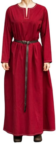 Leonardo Carbone® Damen Kleid Wikinger Unterkleid Helga | Aufwendige Stickereien | Fließende Silhouette | Karneval, Halloween, Cosplay, LARP, Mittelalter, Wikinger | 100% Baumwolle Rot 2XL
