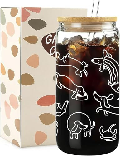 Funny Dachshund Glass Cups with Lids and Straws, 16oz Dachshund Iced Coffee Cup, Dachshunds Gifts for Women Men, Multifunctional Glass Tumbler for Cocktail, Coke, Soda