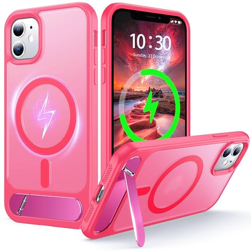 NJROW Magnetic Stand for iPhone 11 Case Compatible with MagSafe [Stand & Wireless Charging 2in1] [Flush Hidden Kickstand] [Military Shockproof] Slim Translucent Matte Silicone,Rose