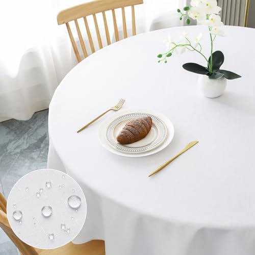 AooHome Tischdecke Rund Φ100cm, Weiß Leinen-Optik Tischdecken Abwaschbar Tischtuch aus Polyester Wasserabweisend mit Lotuseffekt, Dauerhaft Kratzfest für Wohnzimmer, Esszimmer, Balkon, Garten
