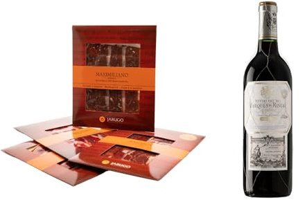 Maximiliano Jabugo - Surtido de Jabugo y Rioja - 10 Estuches de Embutidos y 2 Botellas de Vino - Pack Degustación de Jamón DOP Jabugo, Lomo y Vino Marqués de Riscal Reserva - Incluye Caja de Regalo