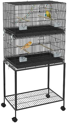 PawHut Cage à Oiseaux sur Pied volière Double avec Plateau Amovible, perchoirs, mangeoires, étagère, poignée et roulettes, en Acier, 77 x 46 x 164 cm, Noir
