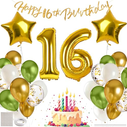 MIEWAA Deko 16. Geburtstag Junge, 16er Geburtstag Luftballon Mädchen, Geburtstagsdeko 16 Jahr mit 16th Happy Birthday Banner, Groß Zahl 16 und Stern Folienballon, Latex Konfetti Ballon Grün-Gold-Weiß