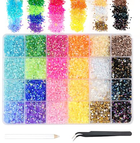 Hopton 24000 Pcs Strasssteine Nägel, 24 Farben Glitzersteine zum Basteln, 3mm Runde Glitzer Edelsteine Rhinestones mit Pinzette und Wachsstift, Strasssteine Set für DIY Nägel Handwerk