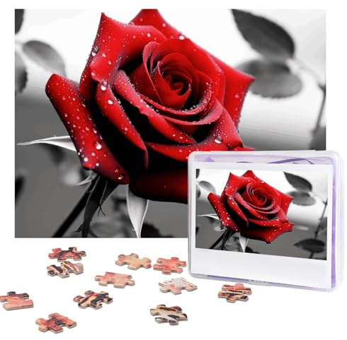 Puzzles, 500 Teile, personalisierbar, schwarz-weiß-rote Rose, Puzzle, anspruchsvolles Bild mit Aufbewahrungstasche, Fotopuzzle für Erwachsene, Hochzeit (52 x 38 cm)